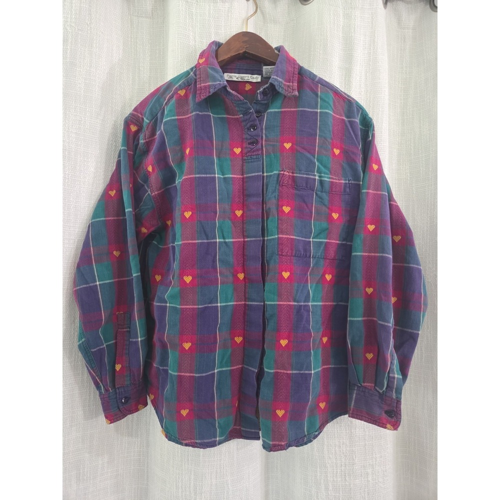 Vintage Paris Sport Club Button Down Heart Flannel Shirt Size M 90's